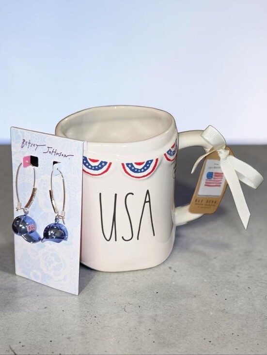 Betsey Johnson Jewelry - Betsey Johnson 'USA' Baseball Cap Drop Earrings & Rae Dunn Dbl Sided Mug, NWT